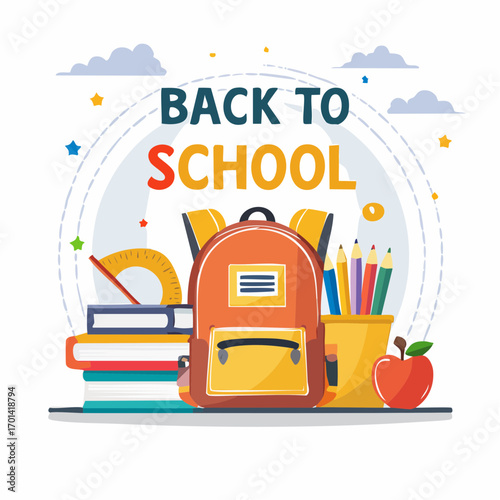 Back to School illustration with a backpack, books, pencils, and an apple, set against a light background with clouds and stars.