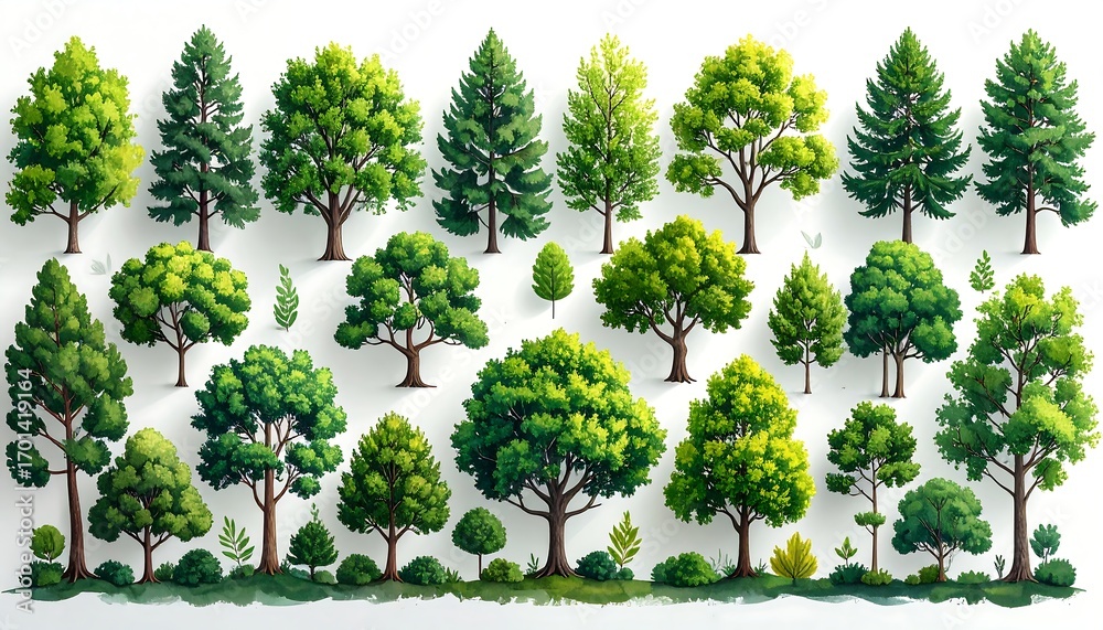 Fototapeta premium Collection of various green trees and shrubs in realistic style