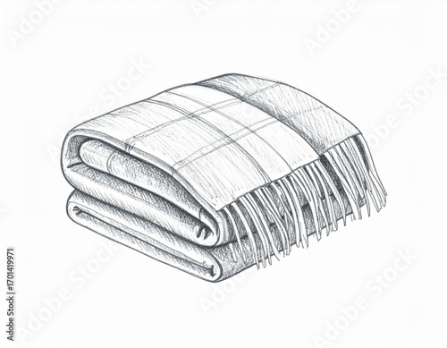 Monochrome Illustration of Folded Plaid Blanket with Fringes Isolated on White Background with Detailed