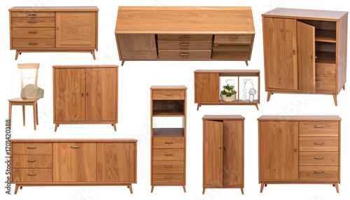 Group of wooden furniture pieces, showcasing storage, drawers, cabinets, and varying designs