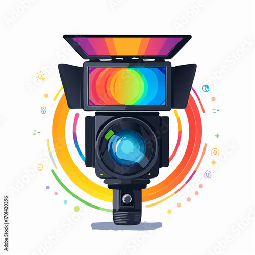 Stylized digital media device with a vibrant rainbow display and abstract colorful elements, representing creative technology.