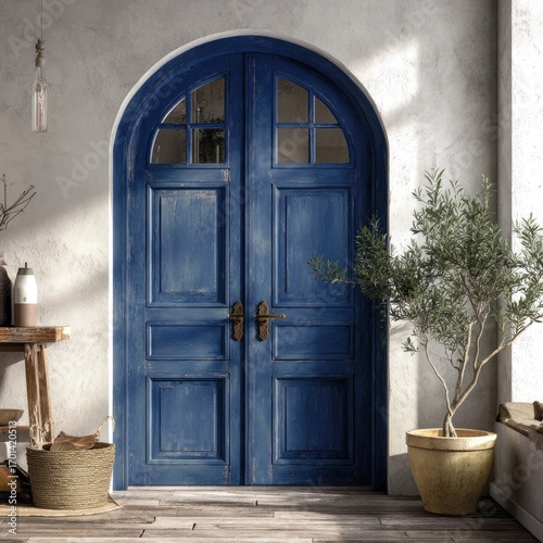 Sunlit interior scene featuring a pair of aged blue double doors with arched top and glass panes, set within a textured white wall;