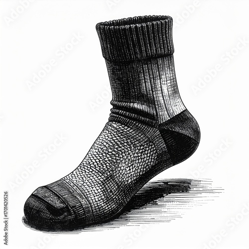 Monochrome Sketch of a Detailed Knitted Ankle Sock on White Background