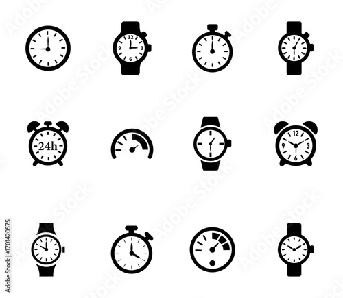 set of different clocks. Collection of diverse watch and clock icons
