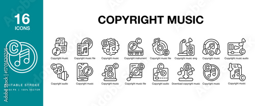 Copyright Music icon set. Includes music, legal, copyright, protection, law, and More. Editable Stroke Icon Collection.