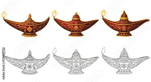 Festive Diwali Oil Lamp Set Coloring Page Indian Festival of Lights Decor