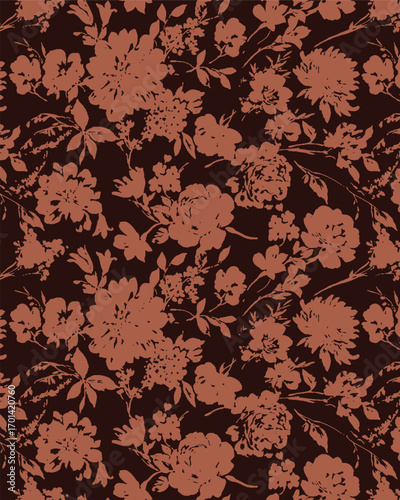 Abstract solid vector textile design, arrangement with dual-tone silhouettes of flowers, all-over seamless pattern with brown and orange tone color illustration, digital image printing factory