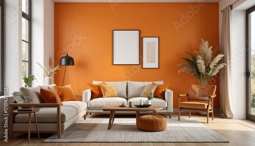 Cozy living room interior with orange wall.