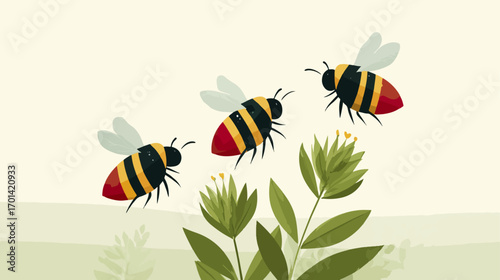 Colorful bees flying near flowers