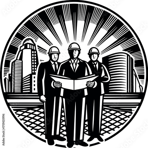 Architects engineers examining blueprints amidst city skyline vector