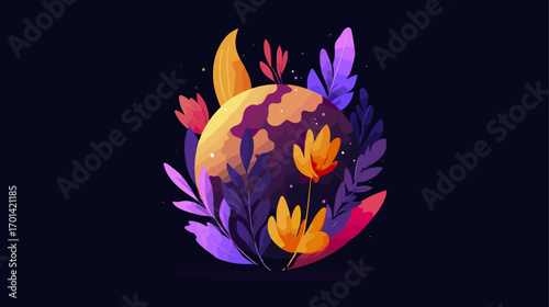 Colorful earth surrounded by flowers and leaves