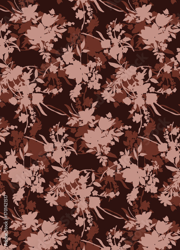 Abstract solid vector textile design, arrangement with three-color silhouette of flowers, all-over seamless pattern with brown and pink tone color illustration, digital image printing factory