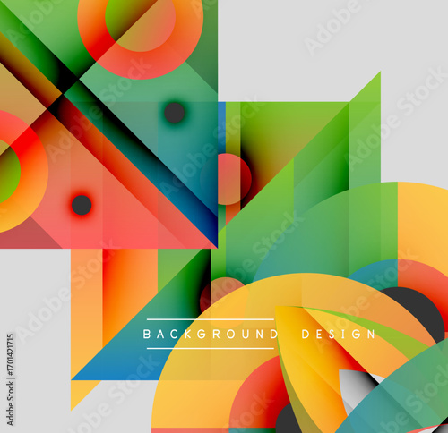 Abstract geometric shapes overlap, creating vibrant color gradients. Modern design utilizes transparency, layering for dynamic visual effect.