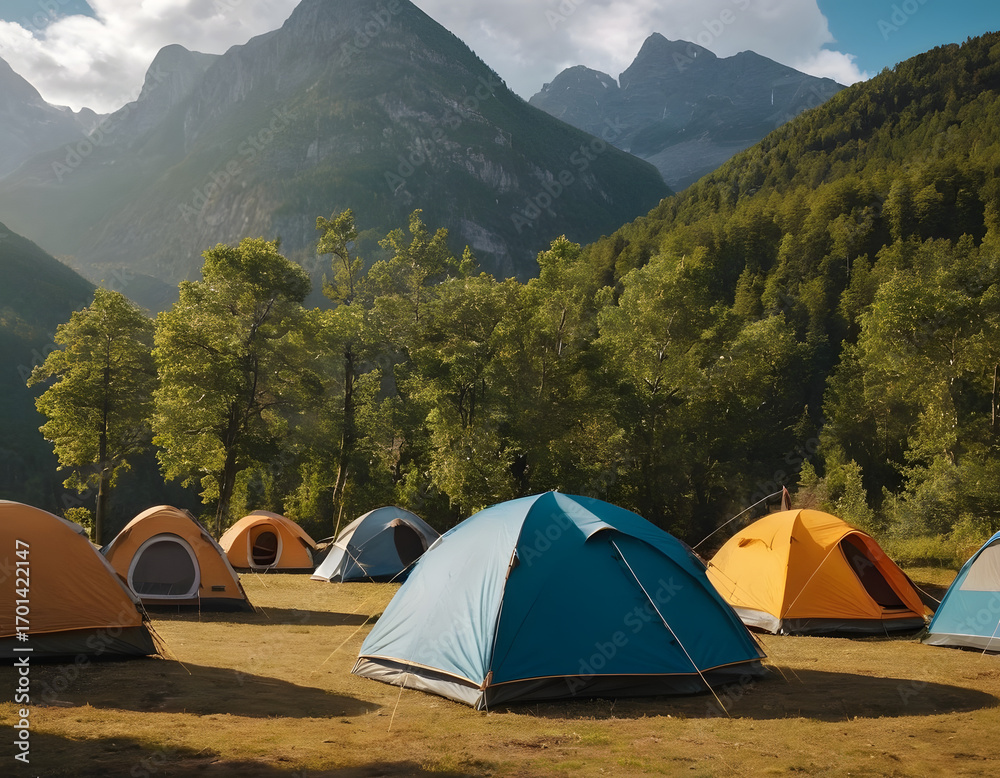 Obraz premium Tourist camp in the mountains, tent in the foreground. Tenting in the mountains.