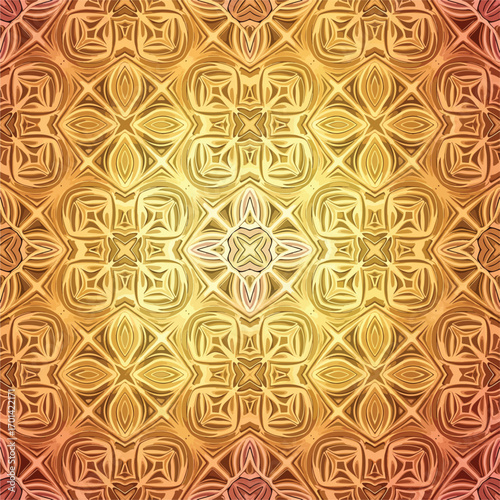 Intricate symmetrical kaleidoscope pattern with golden hues and ornate details, seamless pattern, Stock royalty.