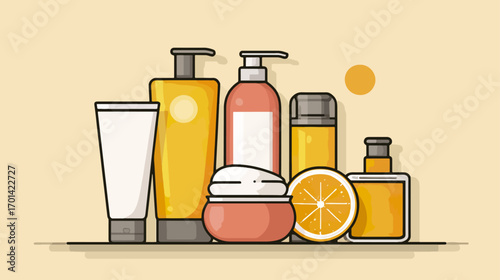 Cosmetic products display with orange slice