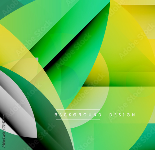 Abstract geometric shapes overlap, creating vibrant green, yellow gradients. Modern design suggests energy, growth, movement.