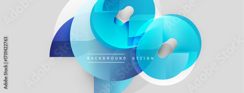 Abstract blue shapes overlap, creating dynamic composition. Gradient colors, smooth transitions, modern design elements present. Minimalist style.