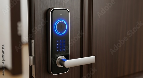 Modern smart lock on wooden door providing advanced home security