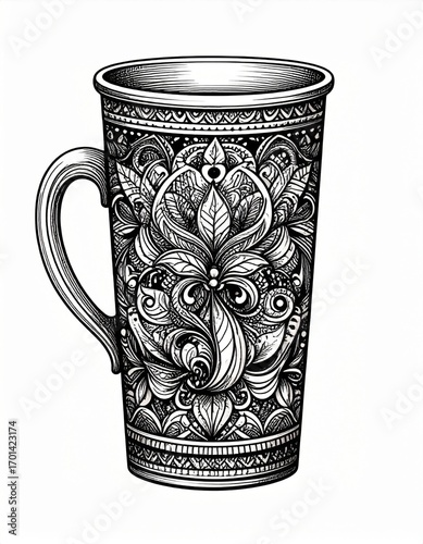 Ornate Metal Mug with Floral and Geometric Engravings on White Background