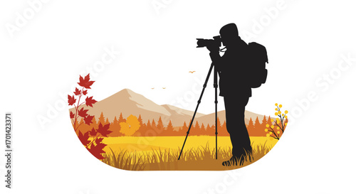 a photographer capturing autumn scenery with mountains and colorful leaves