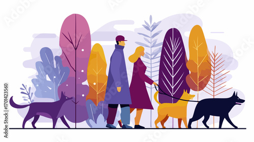 Couple walking dogs in park autumn