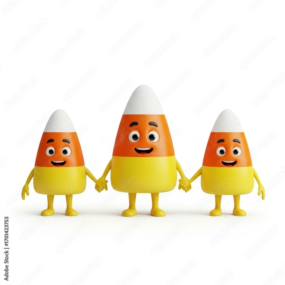 Obraz premium Three candy corn figures holding hands on a white background
