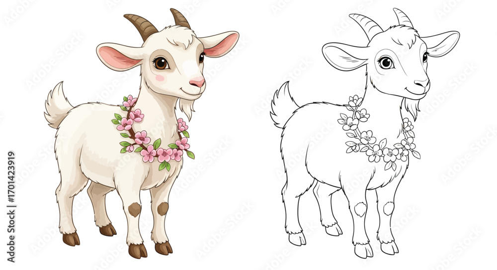 Fototapeta premium Charming Goat with a Plum Blossom Garland Lunar New Year Coloring Page