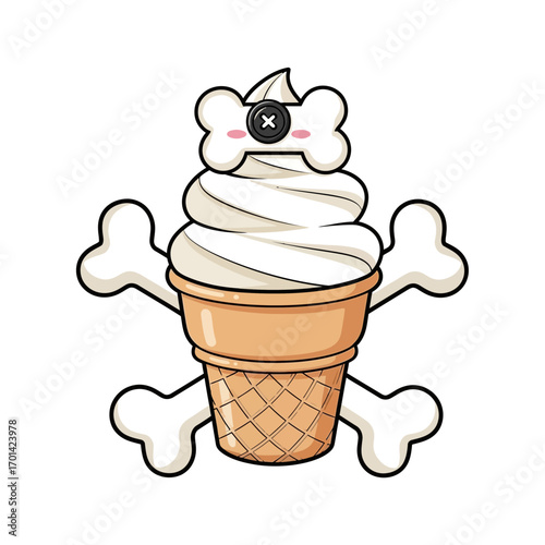 Whimsical cartoon vanilla ice cream cone with bone skull and crossbones design, featuring a button eye.
