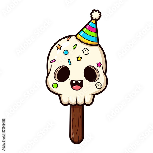 A cute cartoon skull-shaped ice cream popsicle wearing a rainbow party hat and covered in colorful sprinkles.