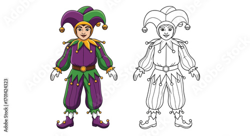 Whimsical Jester in Classic Mardi Gras Costume with Mask and Bells Coloring Page Art
