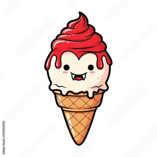 Adorable Cartoon Ice Cream Cone with Strawberry Topping and Vampire Fangs.