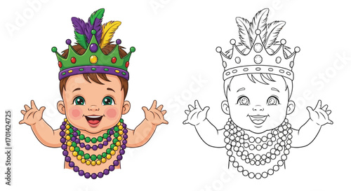 Cute Mardi Gras Baby in Beads Coloring Page Outline Version for Kids Holiday Art