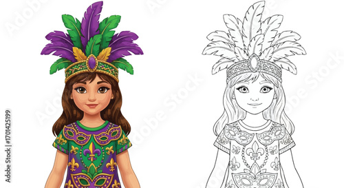 Happy Mardi Gras Girl with Feathered Headband Coloring Page with Outline Companion