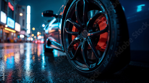 Close-up of luxury sports car wheel, wet asphalt reflecting neon city lights