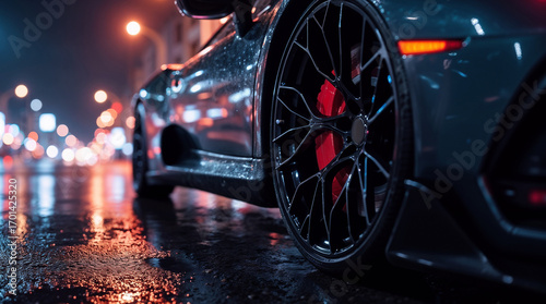 Close-up of luxury sports car wheel, wet asphalt reflecting neon city lights