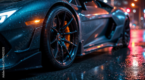 Close-up of luxury sports car wheel, wet asphalt reflecting neon city lights