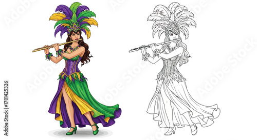 Festive Mardi Gras Flutist Character Coloring Page in Color and Outline for Kids Art