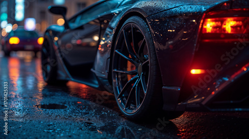 Close-up of luxury sports car wheel, wet asphalt reflecting neon city lights