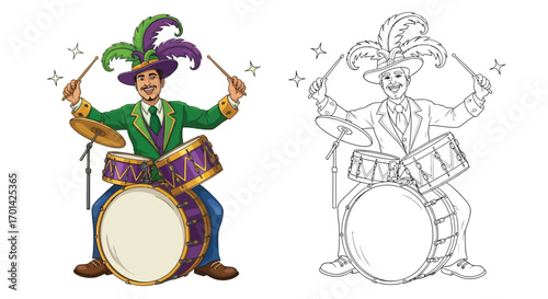 Dynamic Mardi Gras Jazz Drummer Character Coloring Page with Outline for Kids Activity