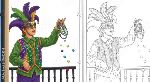 Mardi Gras Kids Throwing Beads Coloring Page with Outline Match Fun Celebration Scene