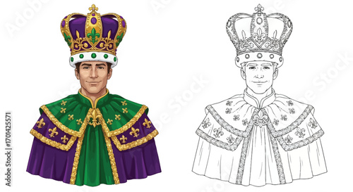 Mardi Gras King with Crown Man Coloring Page in Dual Style for Fun Celebration Art