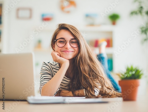 Portrait of smiling student girl studying online with laptop at home desk indoors