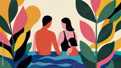 Family enjoying water activity colorful illustration