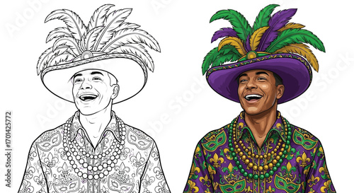 Mardi Gras Man in Feathered Hat Coloring Page with Outline Match Fun Holiday Art