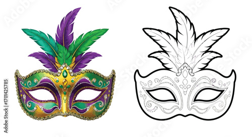 Mardi Gras Mask with Feathers Coloring Sheet for Kids Fun Holiday Masquerade Design