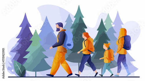 Family hiking through forest