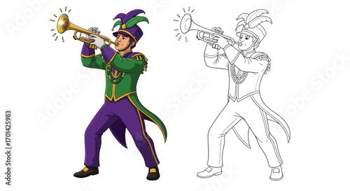 Mardi Gras Parade Trumpet Player Coloring Page with Outline Match Fun Music Art