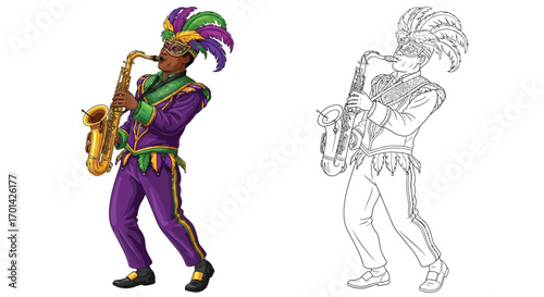 Mardi Gras Saxophone Player Coloring Page in Color and Outline Versions Fun Activity