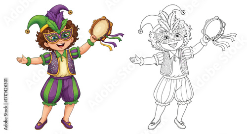 Mardi Gras Tambourine Player Coloring Page with Matching Outline Fun Music Art